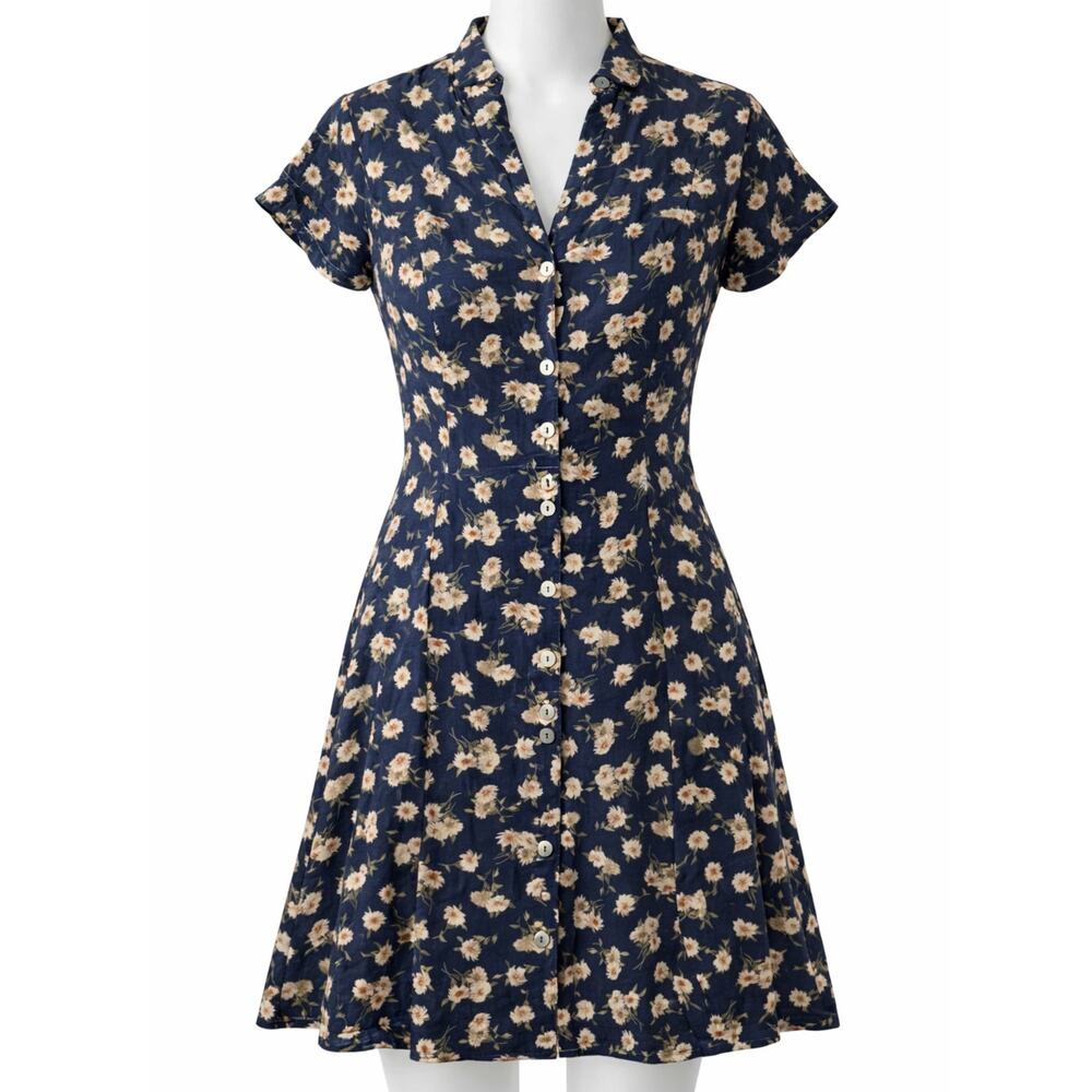 VNTG Inspired LA City Paris Navy Floral Short Sleeve Button Down Dress- 40(S/M)